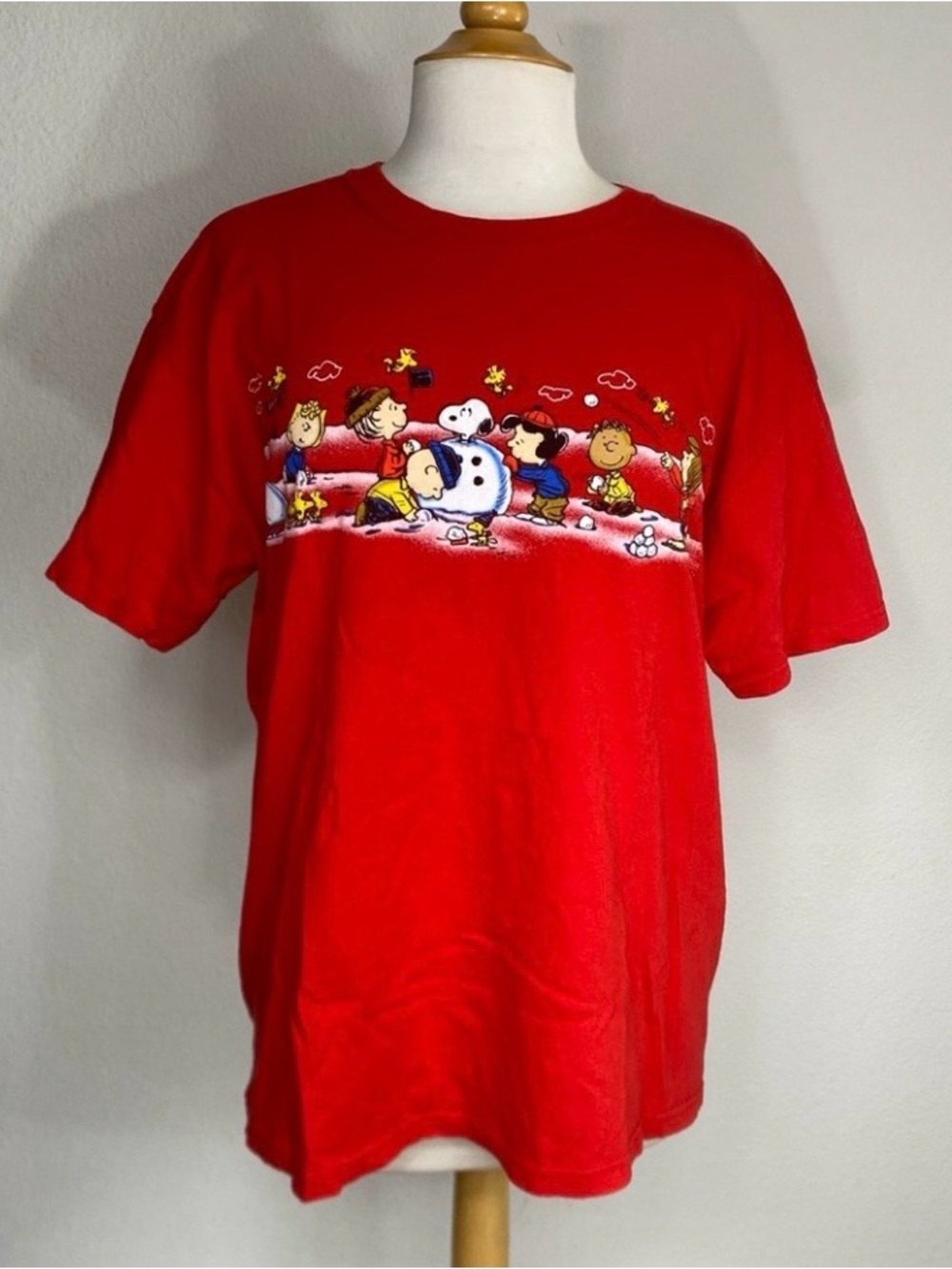 Peanuts Womens Red Christmas Characters Graphic Casual Crew Boxy T-Shirt Size L